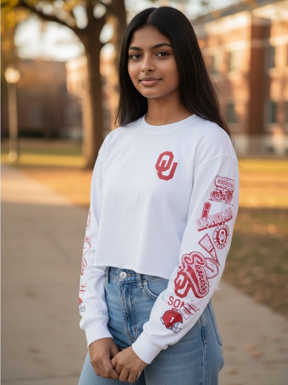 OU Sooner White Cropped Long-Sleeve Graphic Tee